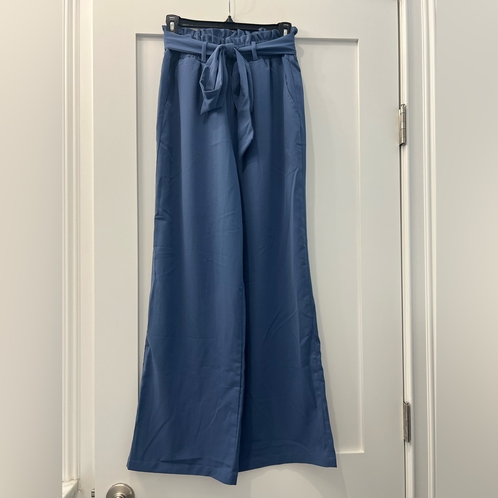 Blue women’s high waisted belted trouser pants - Picture 2 of 7